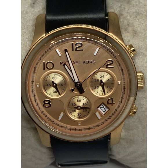 Michael Kors MK5128 Women Black Leather Analog Rose Gold Dial Quartz Watch Aa498 - Picture 1 of 11